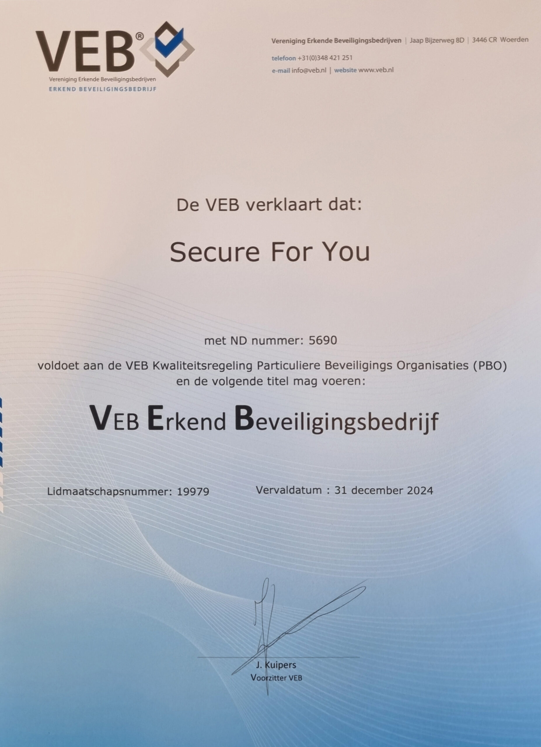 Certificaat VEB Erkend Beveiligingsbedrijf - Secure For You
